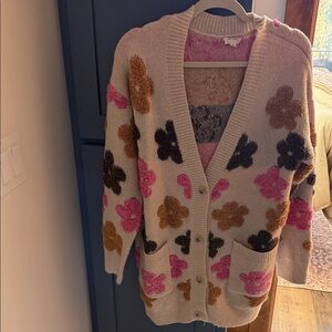 BiBi Floral Cardigan in Pink, Black, and Brown on Cream